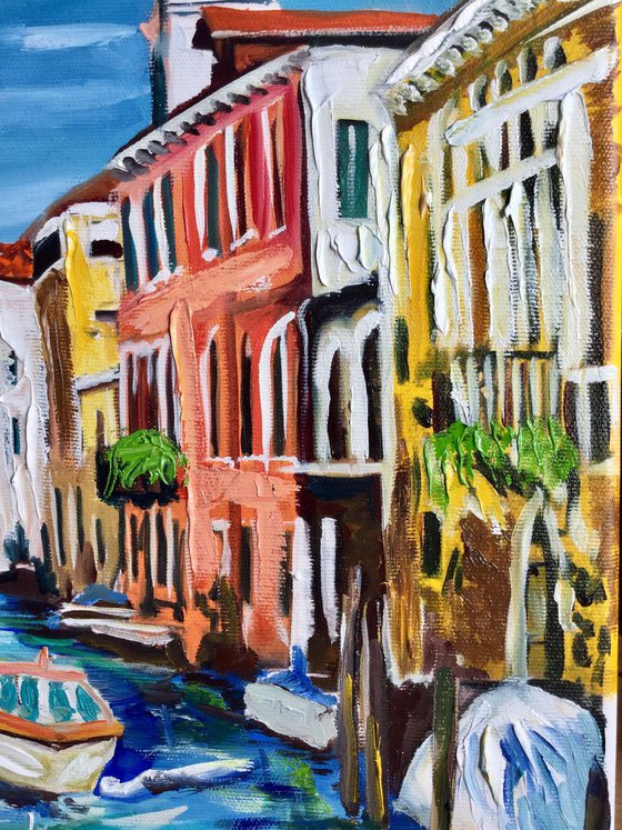 VENICE. CANAL. BOATS. WATER REFLECTIONS. Modern oil painting .