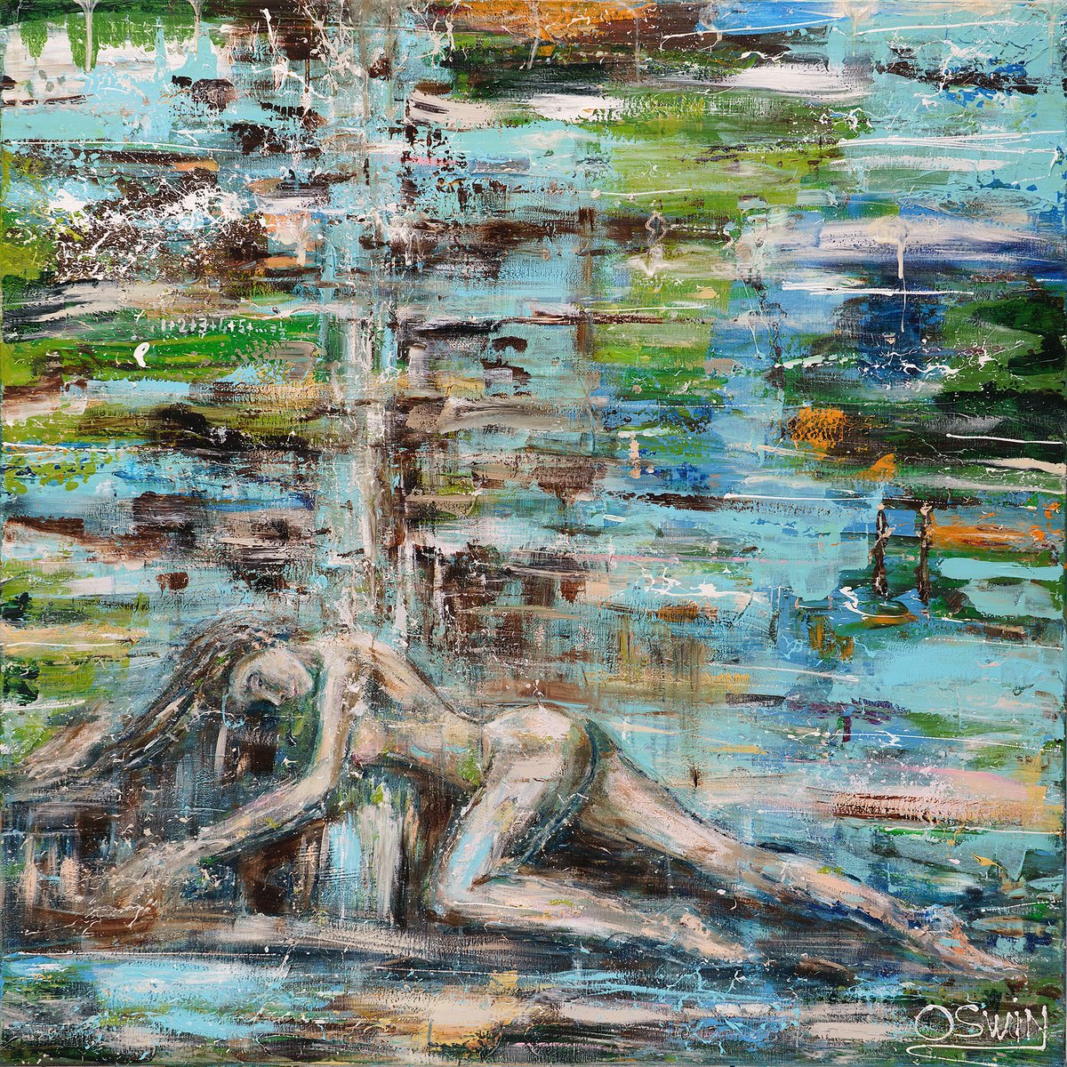Expressive Landscape Acrylic Painting By Oswin Gesselli, 39 X 39", Waterfall Dreams - Nude&Nature, Original Artwork