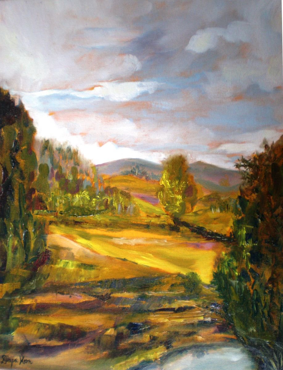 Impressionistic Landscape Oil Painting By Deepa Kern, 14 X 17, Drive To Terrace Estate, Original Artwork