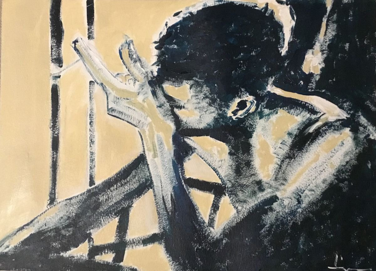 Expressive Portrait Acrylic Painting By Dominique Deve, 16 X 12, Portrait By The Window, Original Artwork