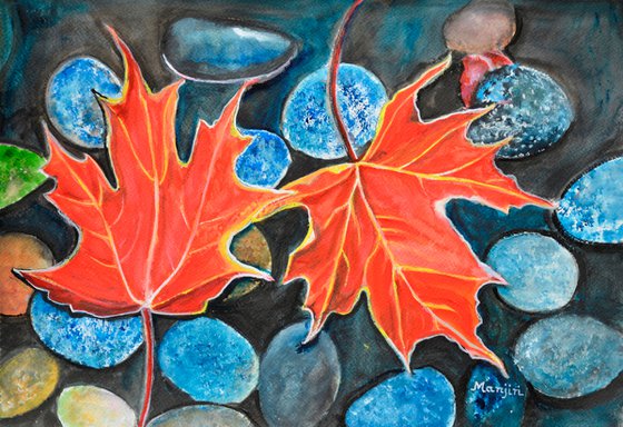 Fall Autumn Leaves on pebbles landscape watercolor painting