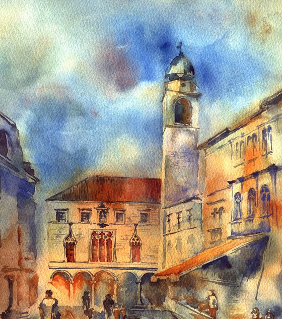 "Impressionistic street in bright colors" architectural artwork in watercolor