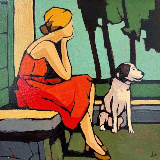 Woman and Dog Colorful Small Painting
