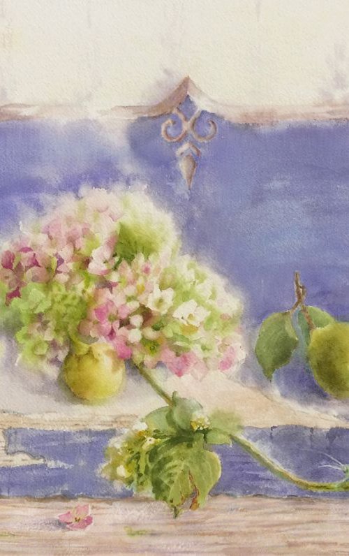 Still Life With  Hydrangea And Apple quince by Svitlana Druzhko