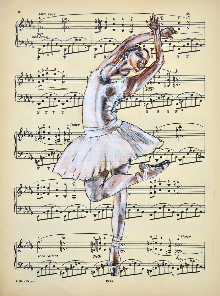 Expressive Portrait Collage By Misty Lady - M. Nierobisz, 8 X 12", Ballerina Xliii- Music Page, Original Artwork