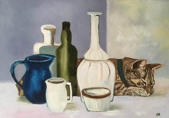 Sleeping beauty  Troy The Cat and Giorgio Morandi vases and bottles