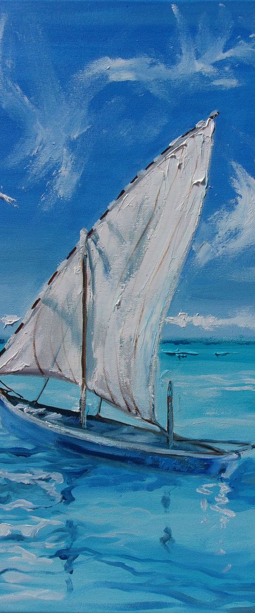 " SOMEWHERE IN PARADISE ... " SHIP BOAT SAIL original painting palette knife GIFT MODERN URBAN ART OFFICE ART DECOR HOME DECOR GIFT IDEA by Monika Luniak