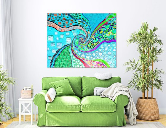 Large turquoise abstract painting. Vivid spiral abstract sea \ ocean wave.
