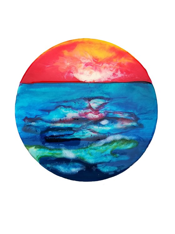 Sunset over the sea - small red and blue resin painting, 15x15x1 cm