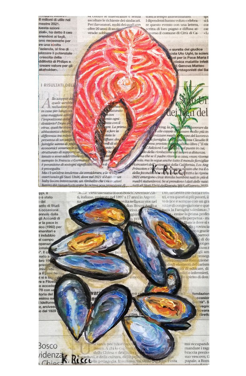 Impressionistic Still Life Oil Painting By Katia Ricci, 6 X 6", Seafood On Gazette, Original Artwork