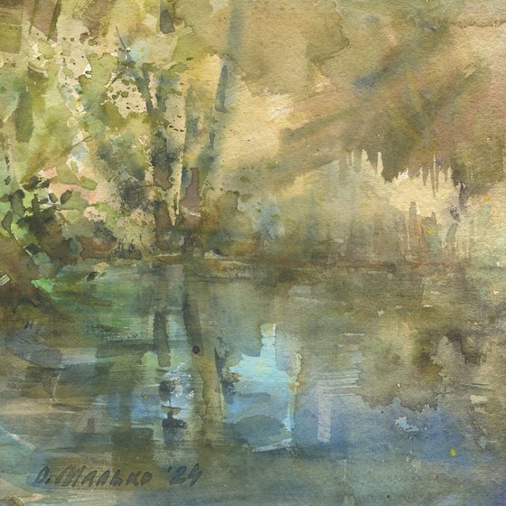 Spring sky in a pond /ORIGINAL watercolor ~8x8in (20x20cm) Water reflections Plain air artwork Square picture
