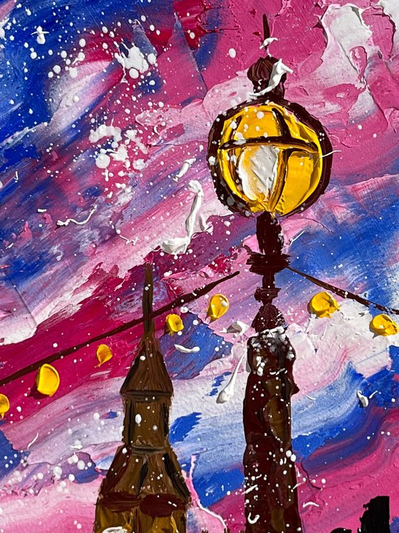 London Painting Cityscape Original Art Street Lights Impasto Oil Big Ben Artwork Small Home Wall Art 6 by 8" by Halyna Kirichenko