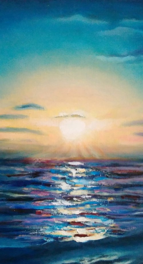 Southern sunset, Seascape Painting Ocean Original Art Night Sky Artwork Sunset Wall Art 45x35 cm ready to hang. by Yulia Berseneva