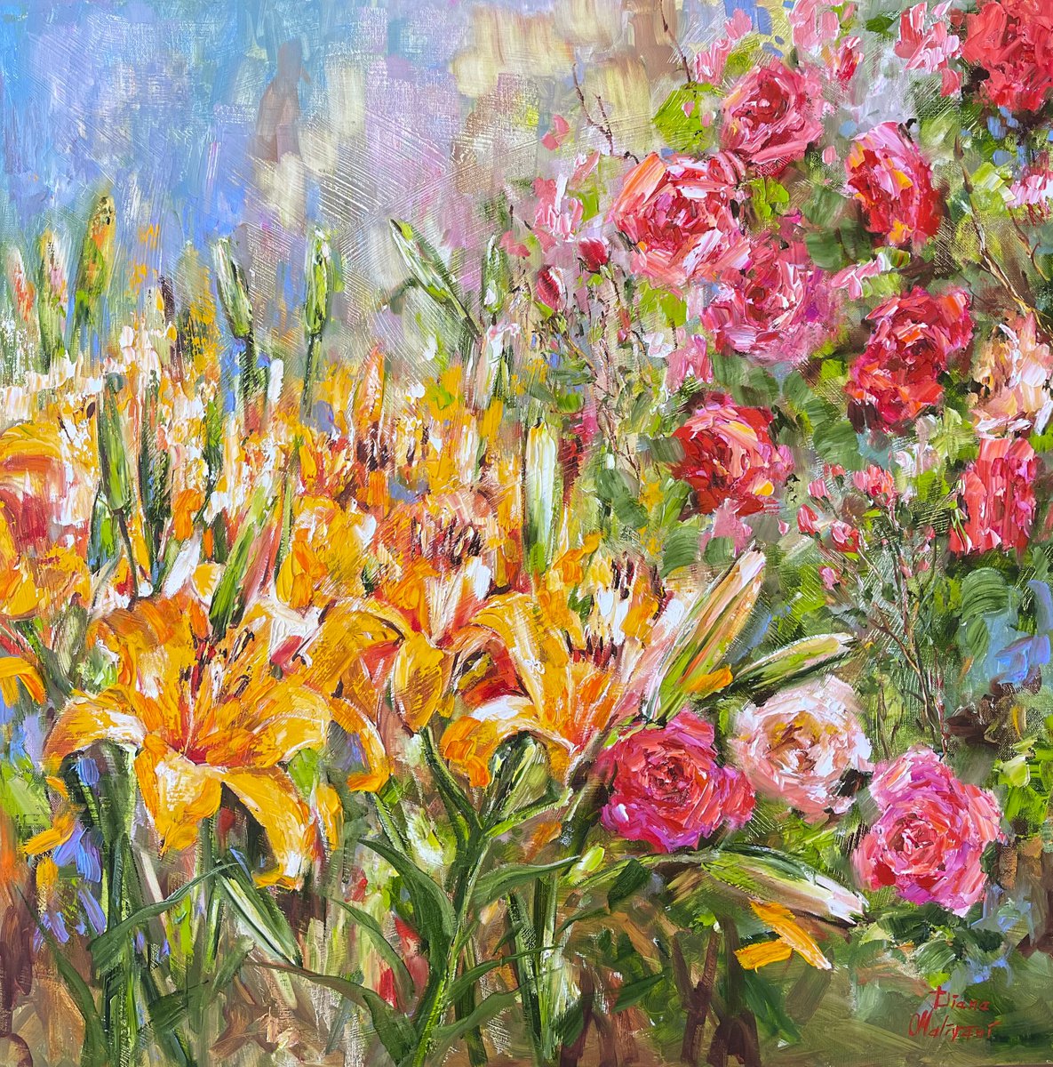 Impressionistic Botanical Oil Painting By Diana Malivani, 31 X 31, Yellow Lilies, Original Artwork