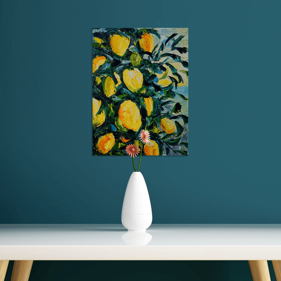 Lemons oil painting, tropical wall art, fruits canvas art, kitchen decor