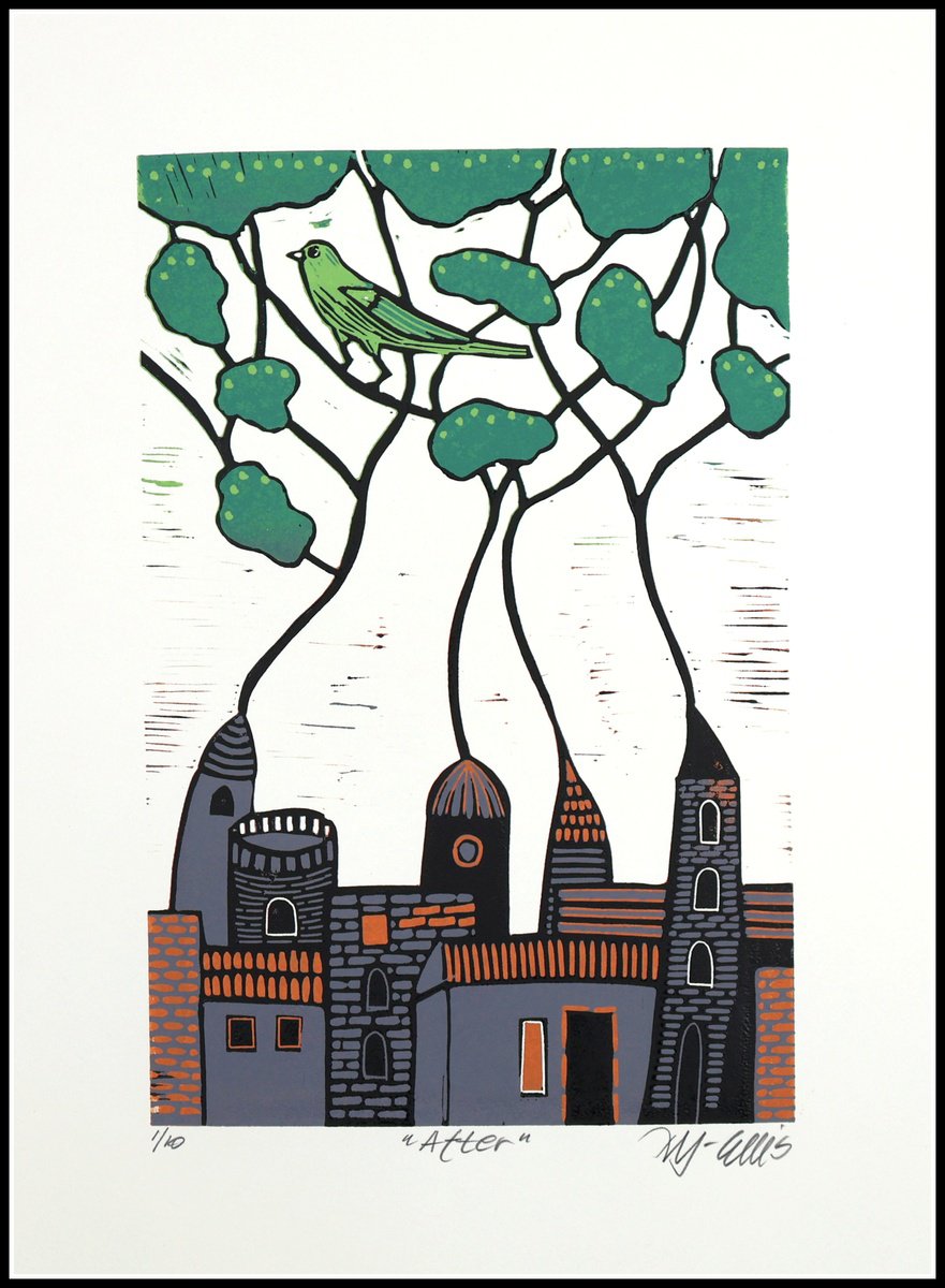 Illustrative Cityscapes Linocut By Mariann Johansen-Ellis, 11 X 15", After, Original Artwork