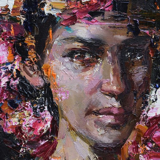 Abstract girl with flowers - Original oil portrait painting
