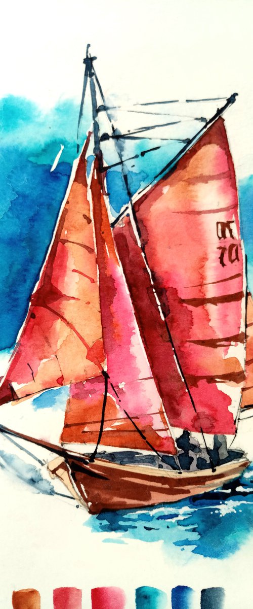 Watercolor sketch "Scarlet sails" by Ksenia Selianko