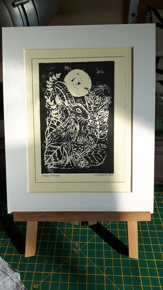 Hare and Foliage - Original Lino Print