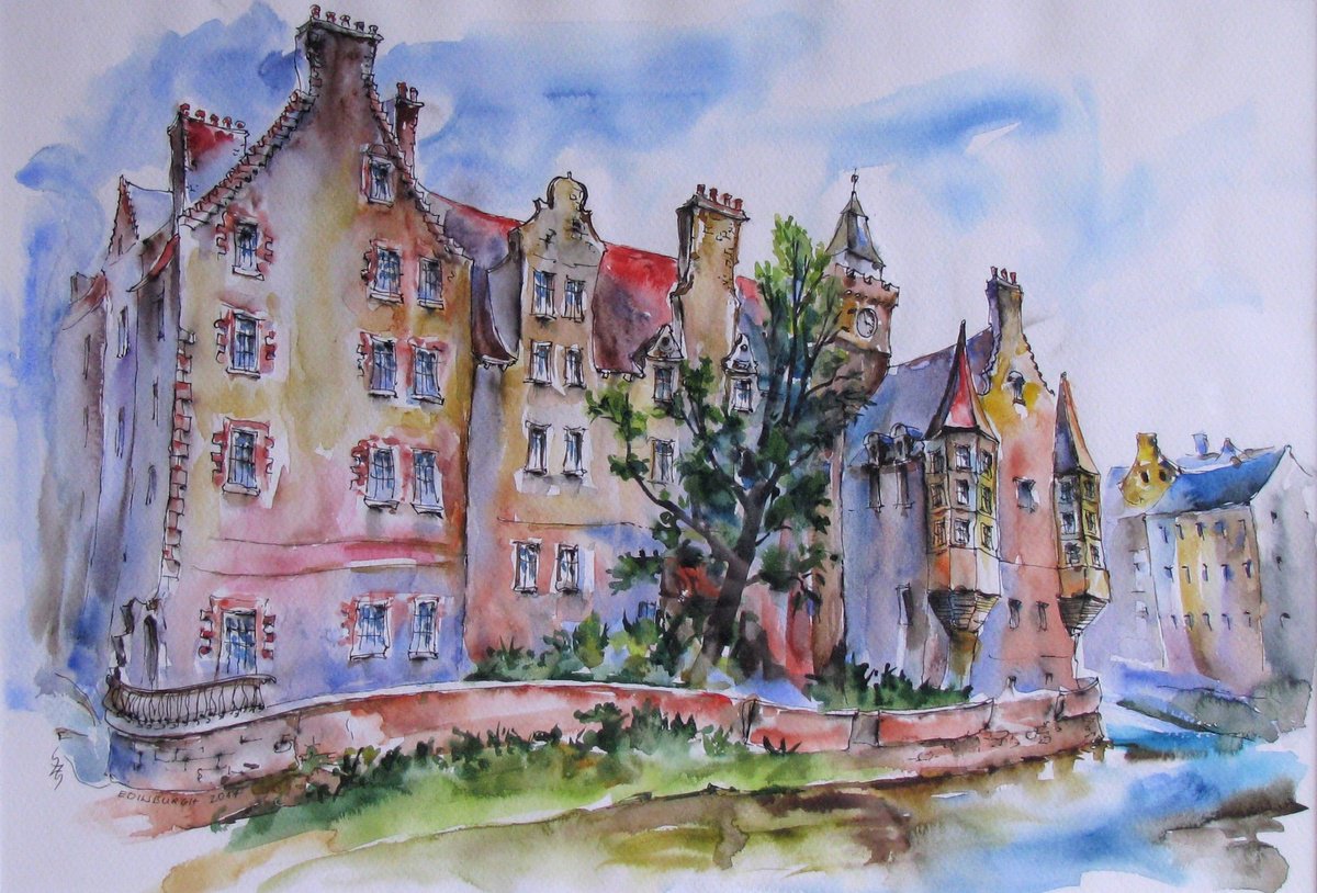 Impressionistic Cityscapes Watercolour By Szekelyhidi Zsolt, 24 X 19", Edinburgh, Scotland, Original Artwork