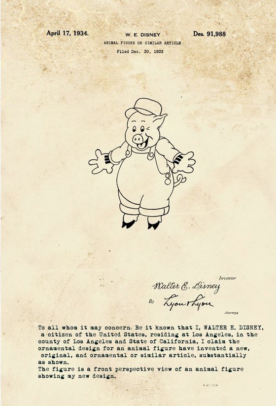 Disney Character Patent - Pig 2 - Sepia - Circa 1934