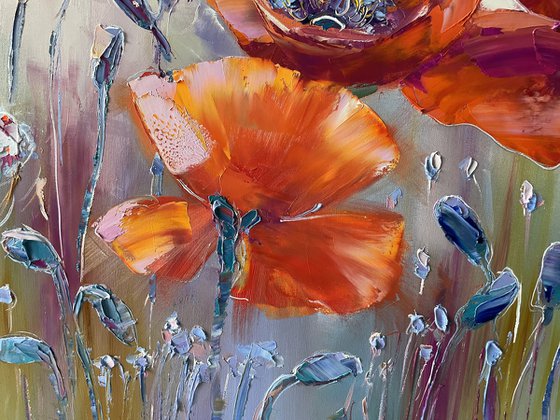 "Red poppies". Flowers oil painting. 100x80cm