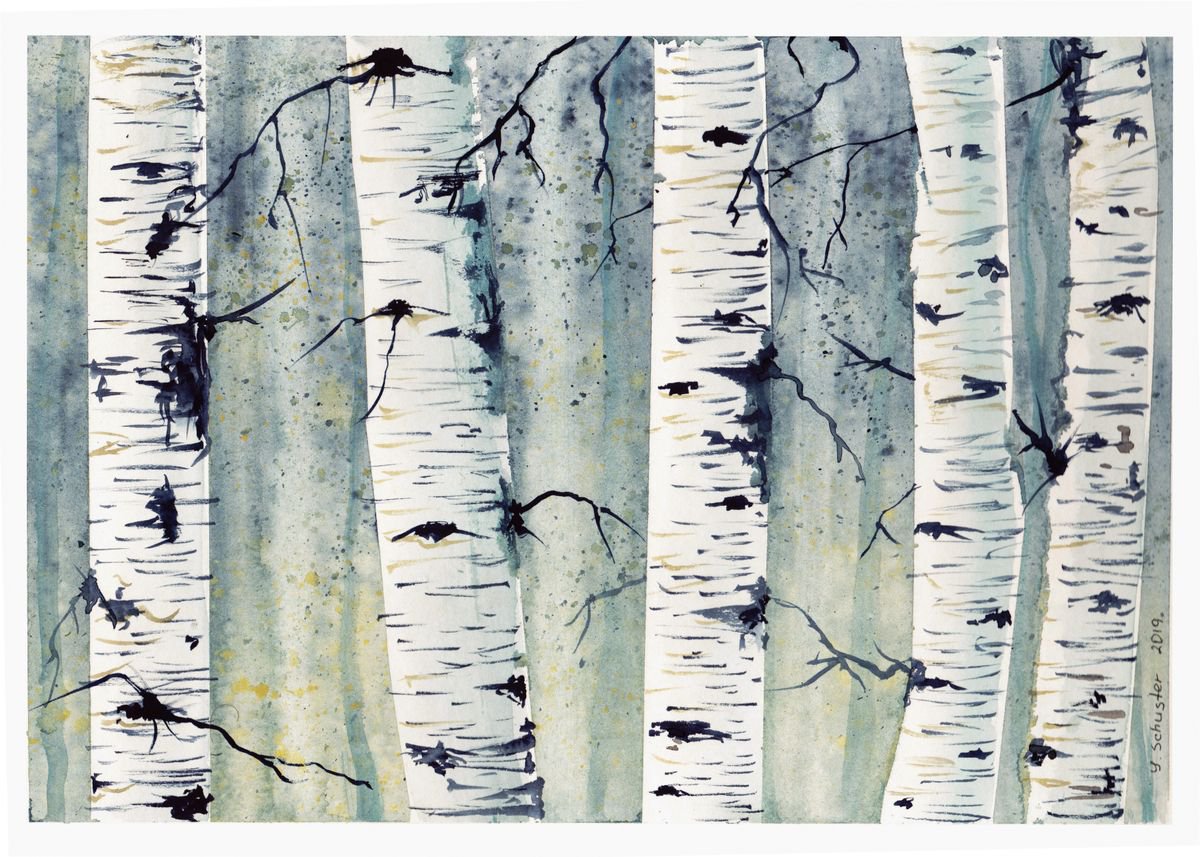 Illustrative Landscape Watercolour By Yulia Schuster, 12 X 8", Birch Trees, Original Artwork