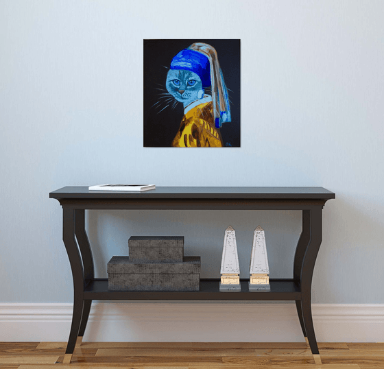 Cat with the pearl earring and blue eyes  inspired by Vermeer painting feline art for cat lovers gift idea