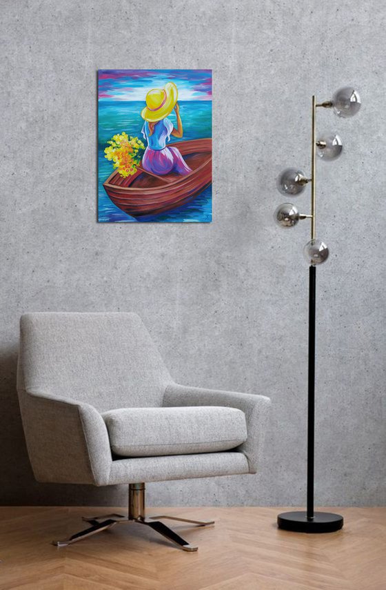 Сalm sea - woman, sea, boat, woman acrylic painting, woman in boat, seascape, water, woman and flowers