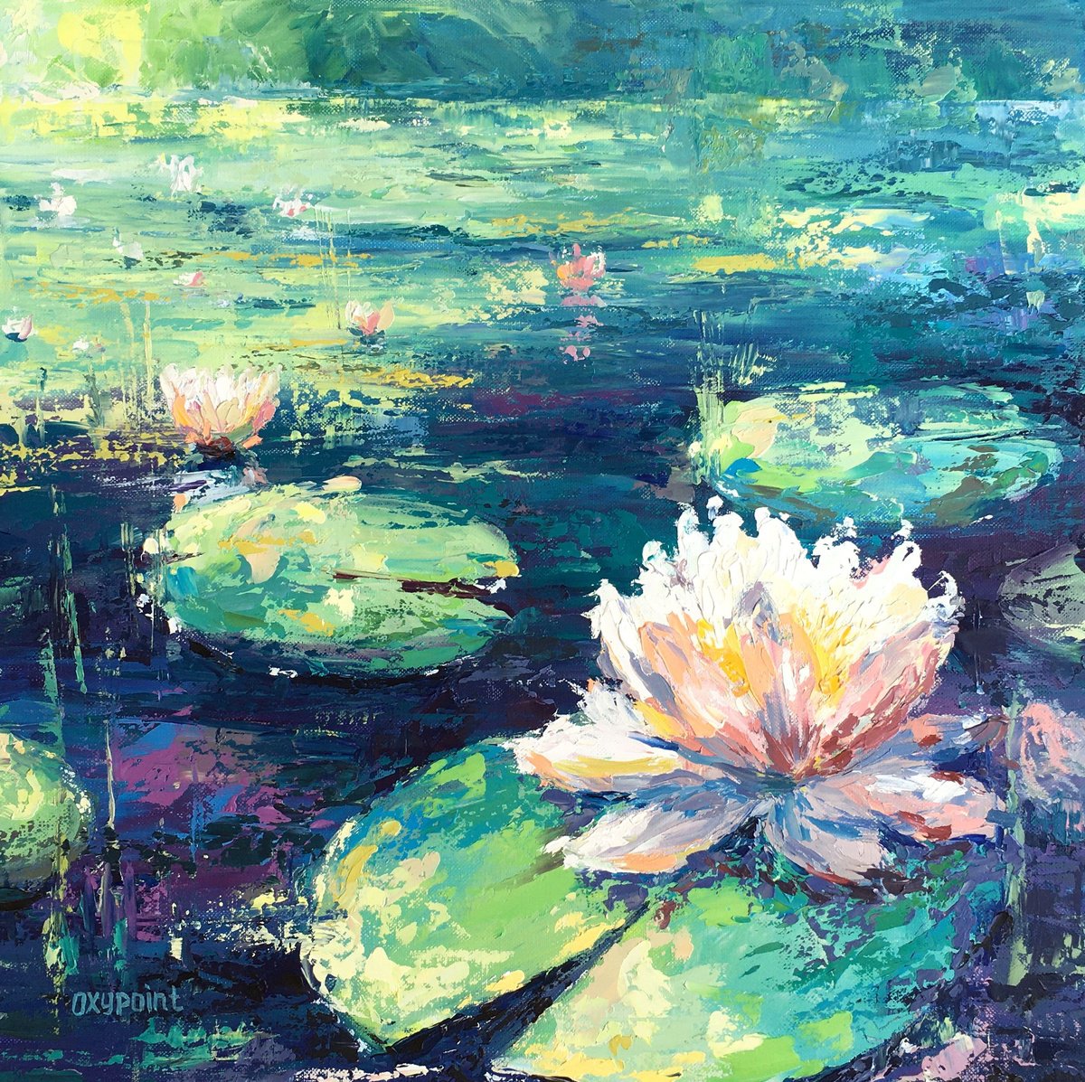 Impressionistic Botanical Oil Painting By Oxypoint, 16 X 16", "Water Lilies On The Pond", Original Artwork