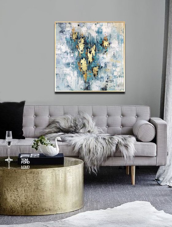 Sky Reflect - Abstract Painting 36" , Gold Leaf Large Painting, Wall Art, Abstract Art, Contemporary Art, Living Room Minimalist Painting