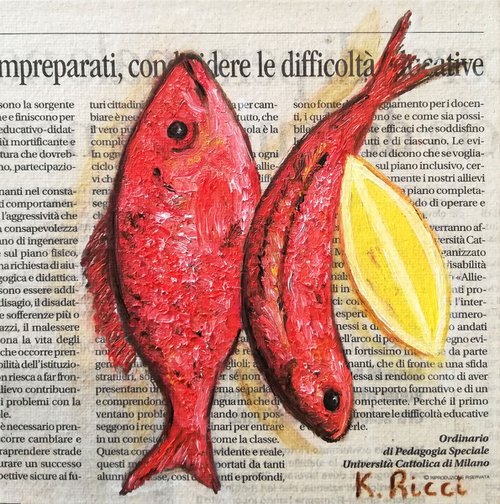 "Red Mullets on Newspaper" Original Oil on Canvas Board Painting 6 by 6 inches (15x15 cm) by Katia Ricci