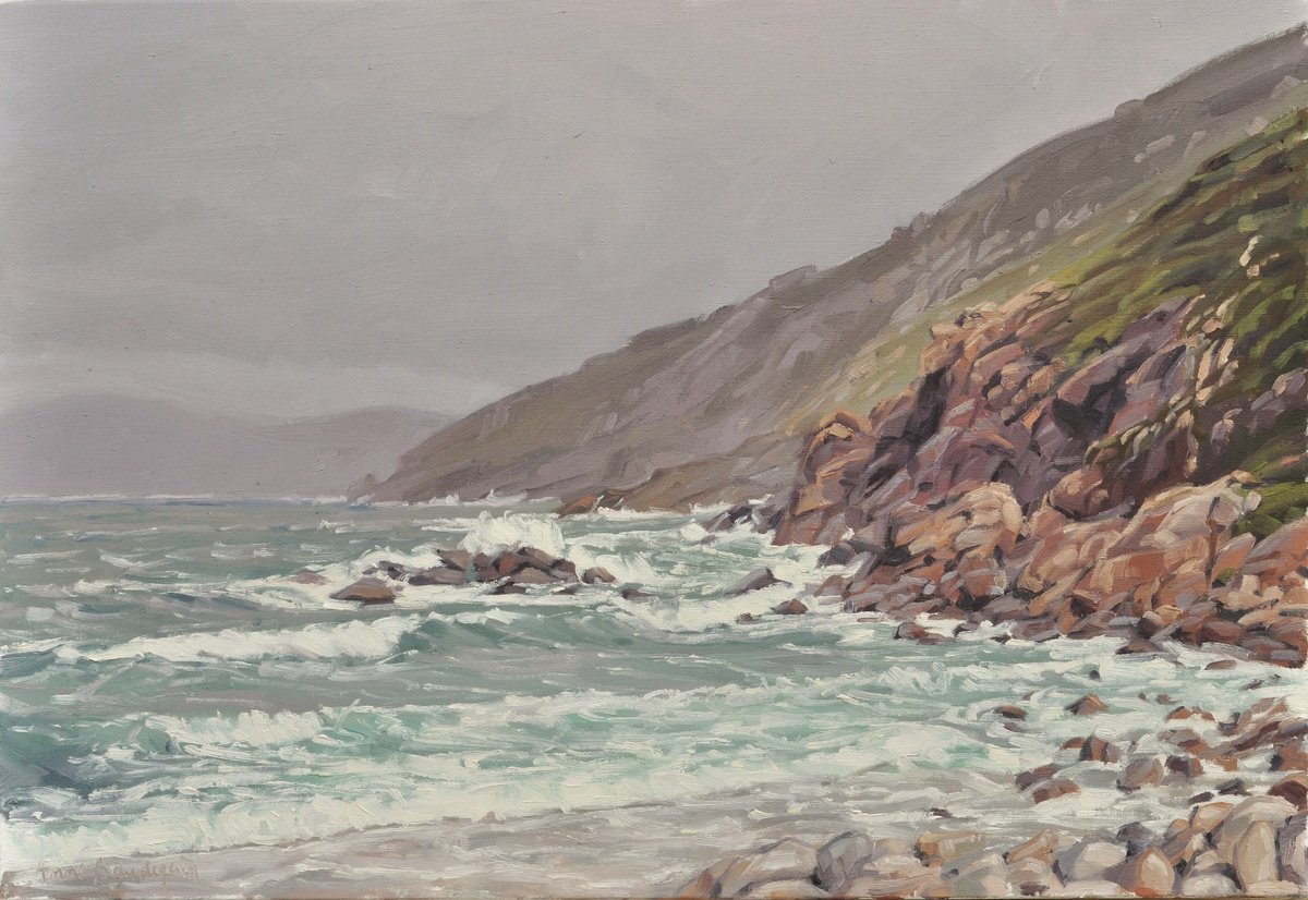 Impressionistic Landscape Oil Painting By Anne Baudequin, 29 X 20, Coast Of Galicia, Rain, Original Artwork