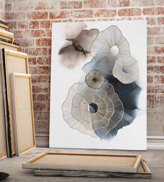 "Golden Molecules" Abstract navy gold art