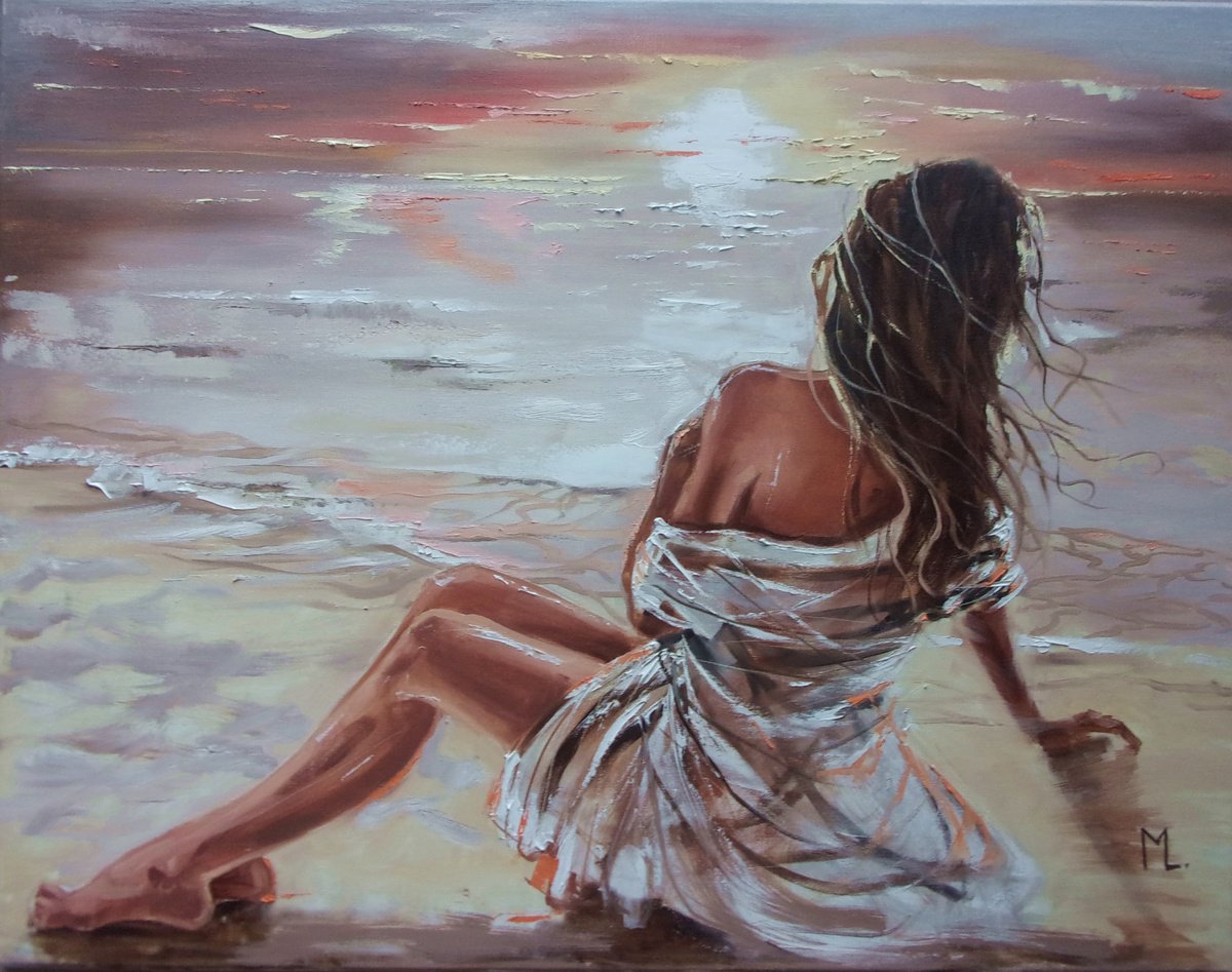 Expressive Oil Painting , Beach With Sunset Girl Sitting By Monika Luniak, 35 X 28, Artwork For Sale On Artfinder