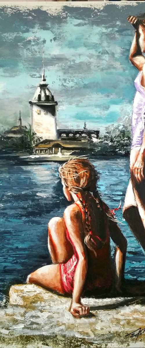 "...please come back before the storm, dad!" Original acrylicl painting ,60x90x2cm.,ready to hang. by Elena Kraft