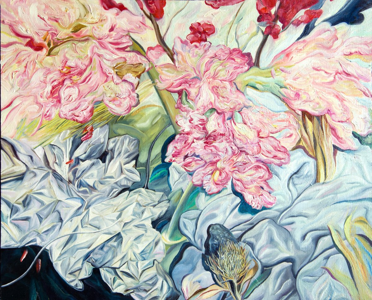 Impressionistic Still Life Oil Painting By Daria Galinski, 20 X 16, Still Life With Amaryllis And Folie, Original Artwork