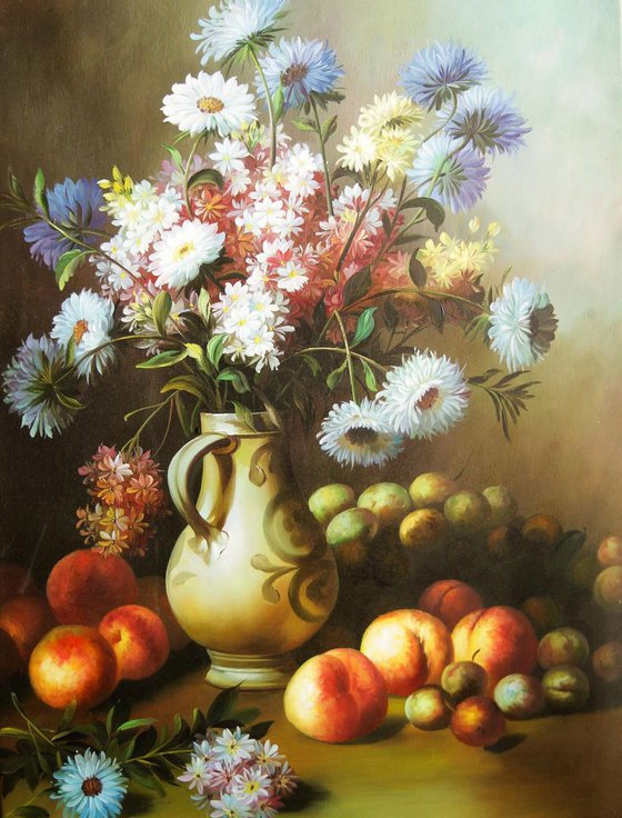 Still life floral and fruits composition