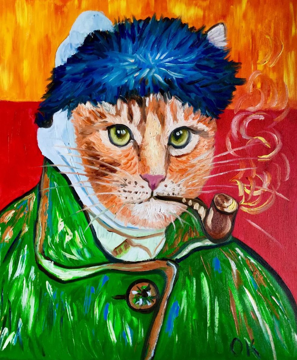 Impressionistic Animal Oil Painting By Olga Koval, 20 X 24", Cat La Van Gogh, Original Artwork