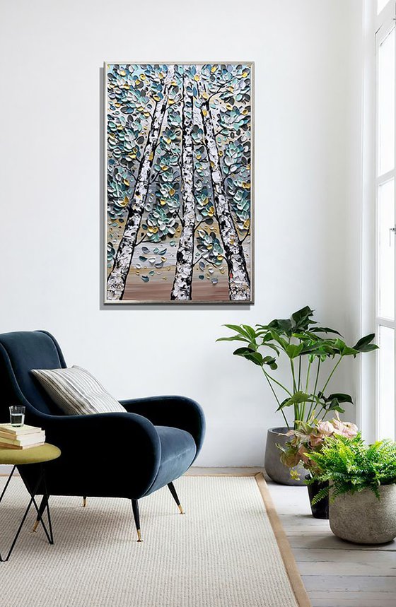 Winter Dream - 3D Textured Fall Gold Blue Birch Trees Landscape Painting on Canvas, Original Abstract Nature Textured Tree Painting - SIZE: 40 X 24 INCHES (100 X 60 CM)