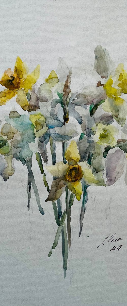 Bouquet of daffodils. Original watercolour painting on beige paper. by Elena Klyan