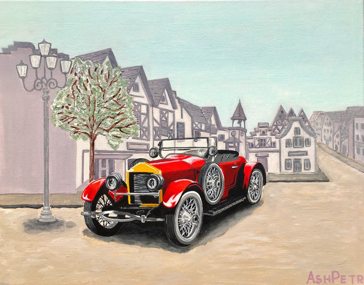 Abstract Acrylic Painting By Ashot Petrosyan, 20 X 16, Red Car, Original Artwork