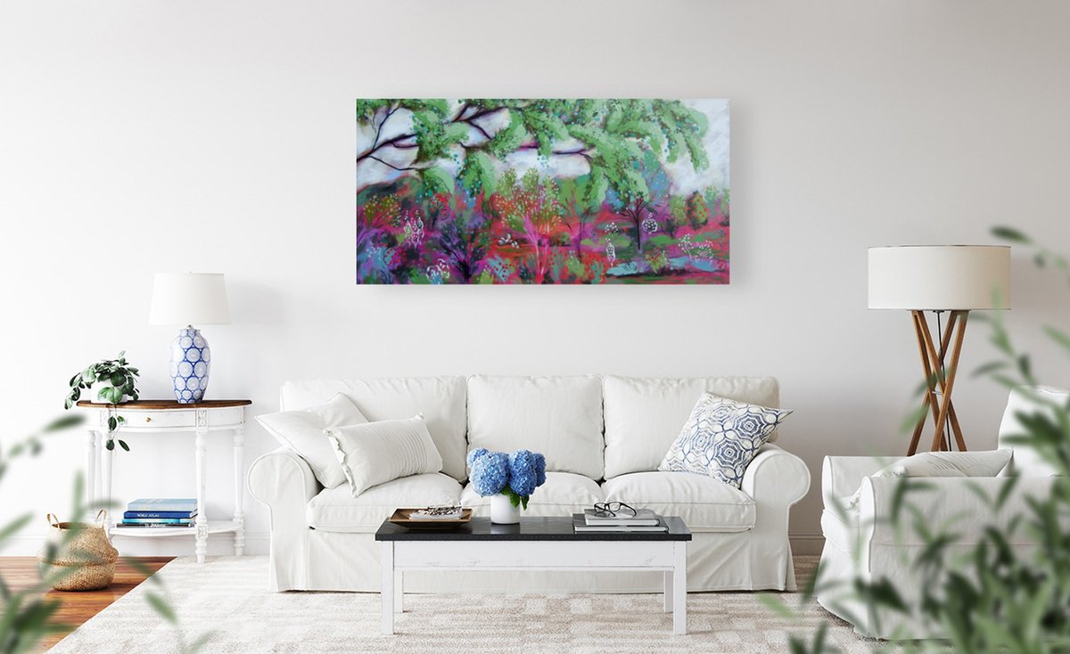 Impressionistic Landscape Acrylic Painting By Karen Rieger, 60 X 30", Verdant Sonata, Original Artwork