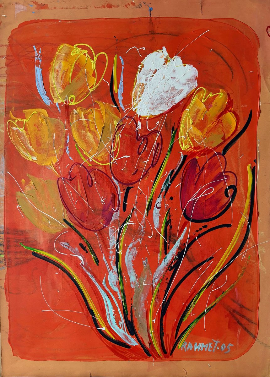 Impressionistic Botanical Acrylic Painting By Rakhmet Redzhepov, 20 X 28", Red On Red, Original Artwork