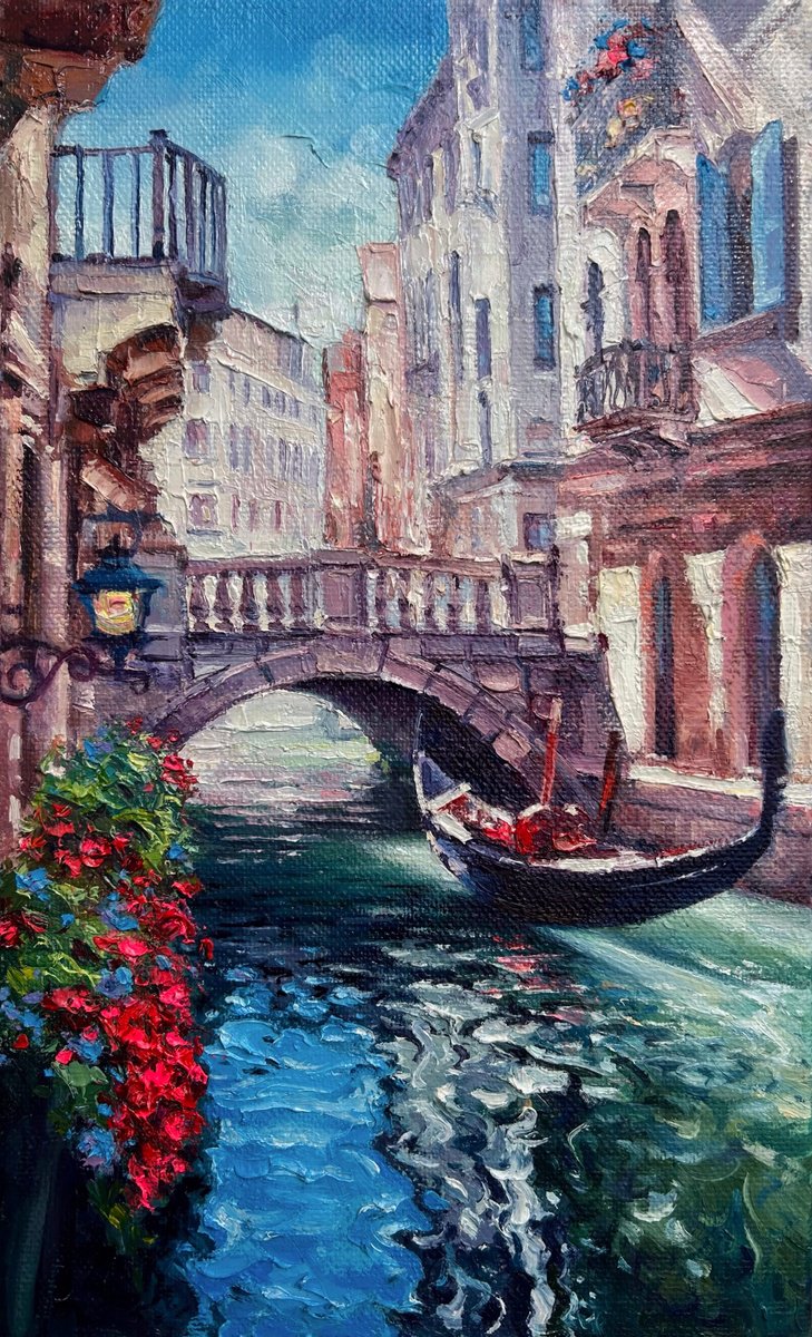 Impressionistic Cityscapes Oil Painting By Artem Grunyka, 12 X 20, Venetian Morning, Original Artwork