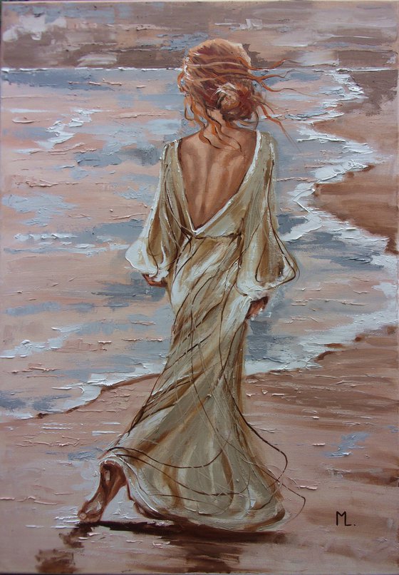 "  ON THE BEACH ... " for V. 100X70CM original painting SEA SPRING palette knife GIFT