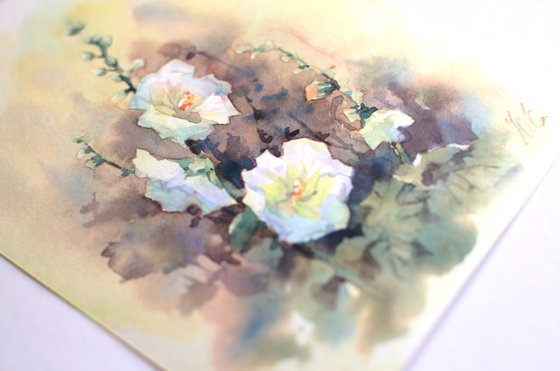 White Hollyhocks in watercolor, Small Wild flowers painting