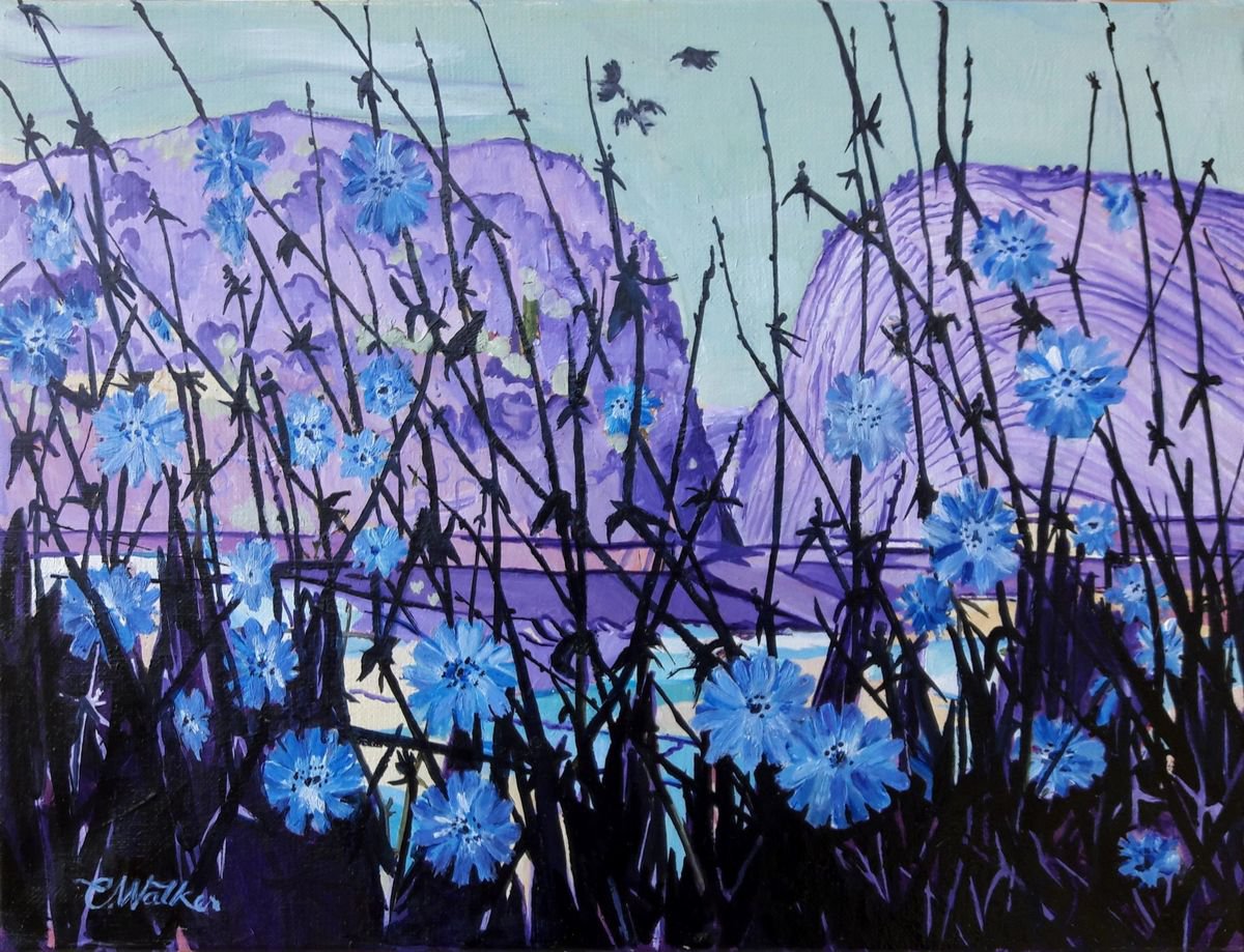 Naive Landscape Oil Painting By Chris Walker, 14 X 11, Crows And Black Kite, Original Artwork