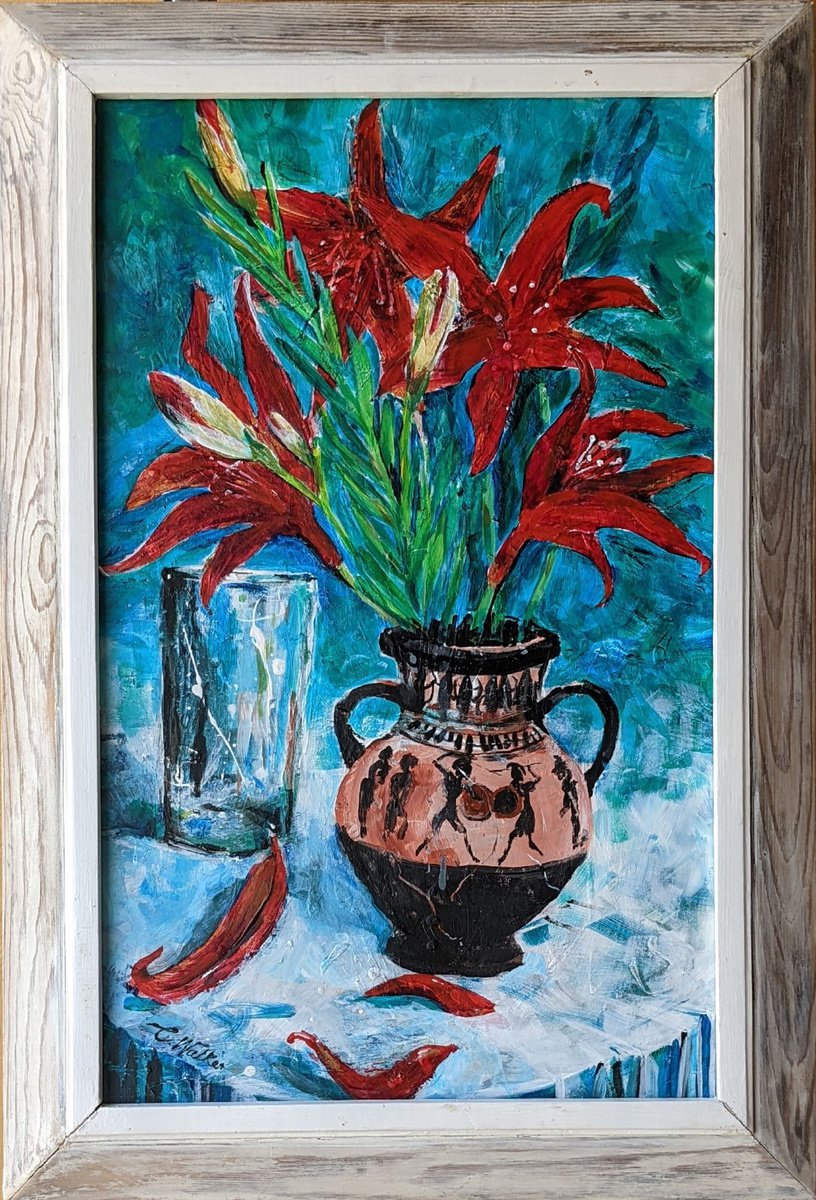 Impressionistic Botanical Acrylic Painting By Chris Walker, 17 X 26, Greek Vase, Roman Glass, French Lilies, Original Artwork