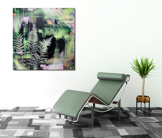 Abstract with Fern in Green and Pink